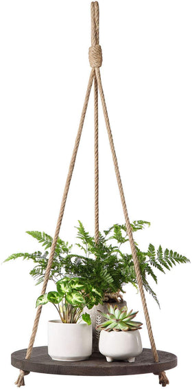 Dahey round wood rope hanging shelf displays plants with rustic espresso finish, maximizing wall space.