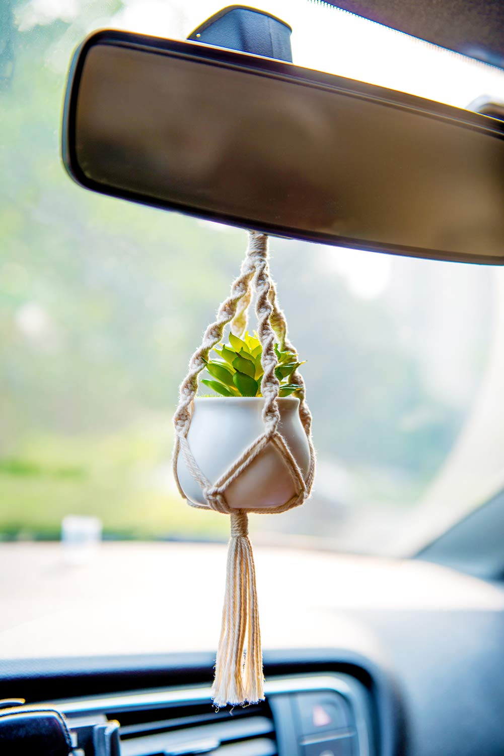 Dahey white macrame plant holder for car accentuates light, airy style