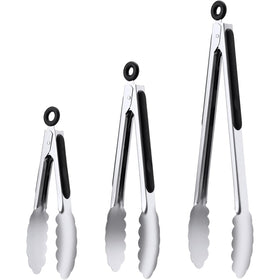 Daily Kisn stainless steel tongs 7-inch in use with secure grip while grilling.