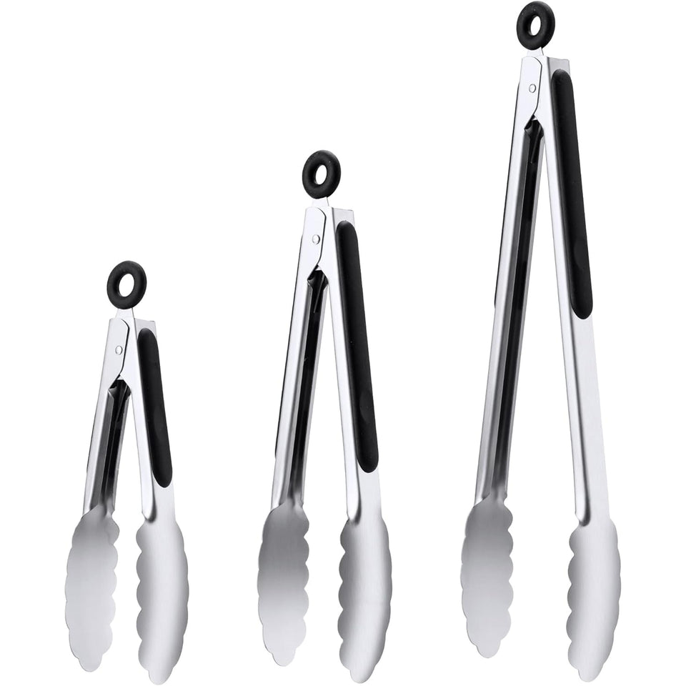 Daily Kisn stainless steel tongs 7-inch in use with secure grip while grilling.