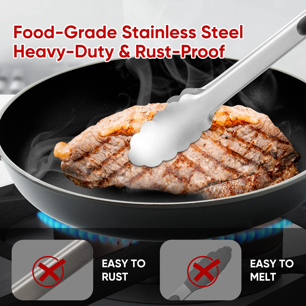 Daily Kisn 9-inch stainless steel tongs with locking mechanism for safe handling.