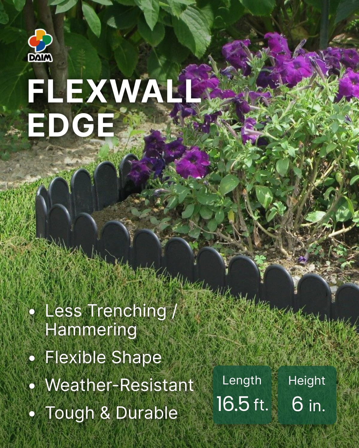 DAIM FlexWall Edge curved border creates elegant garden pathways.