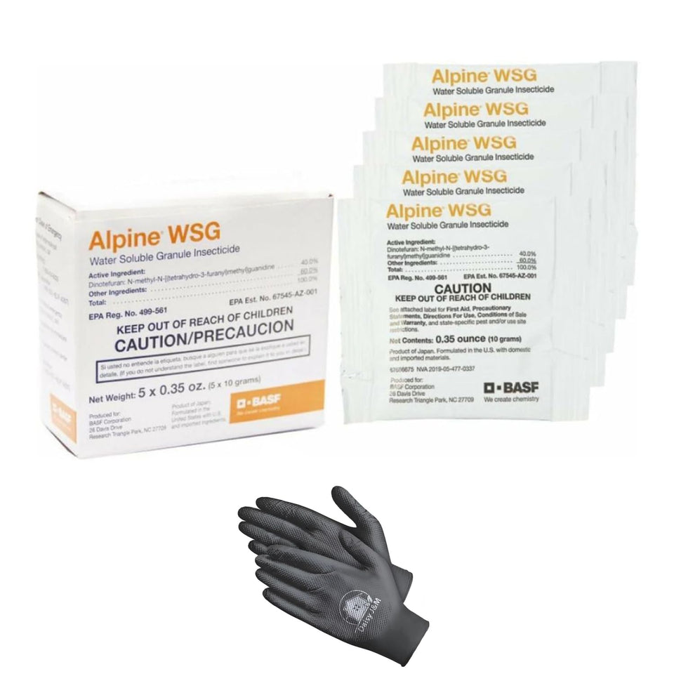 Daisy J&M Alpine WSG granules and disposable gloves for versatile pest control indoors and outdoors.