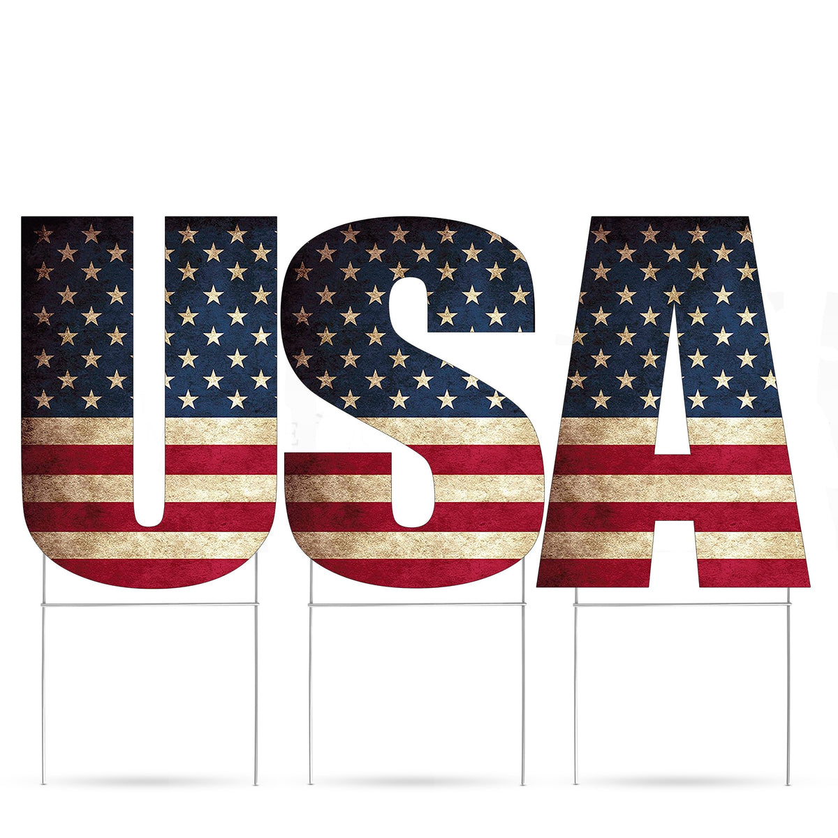 DAJDC rustic USA flag yard sign with stakes for durable outdoor display.