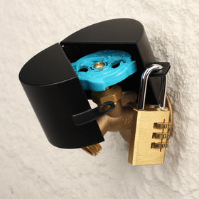 Dakekou outdoor faucet lock with padlock secures a standard garden faucet.