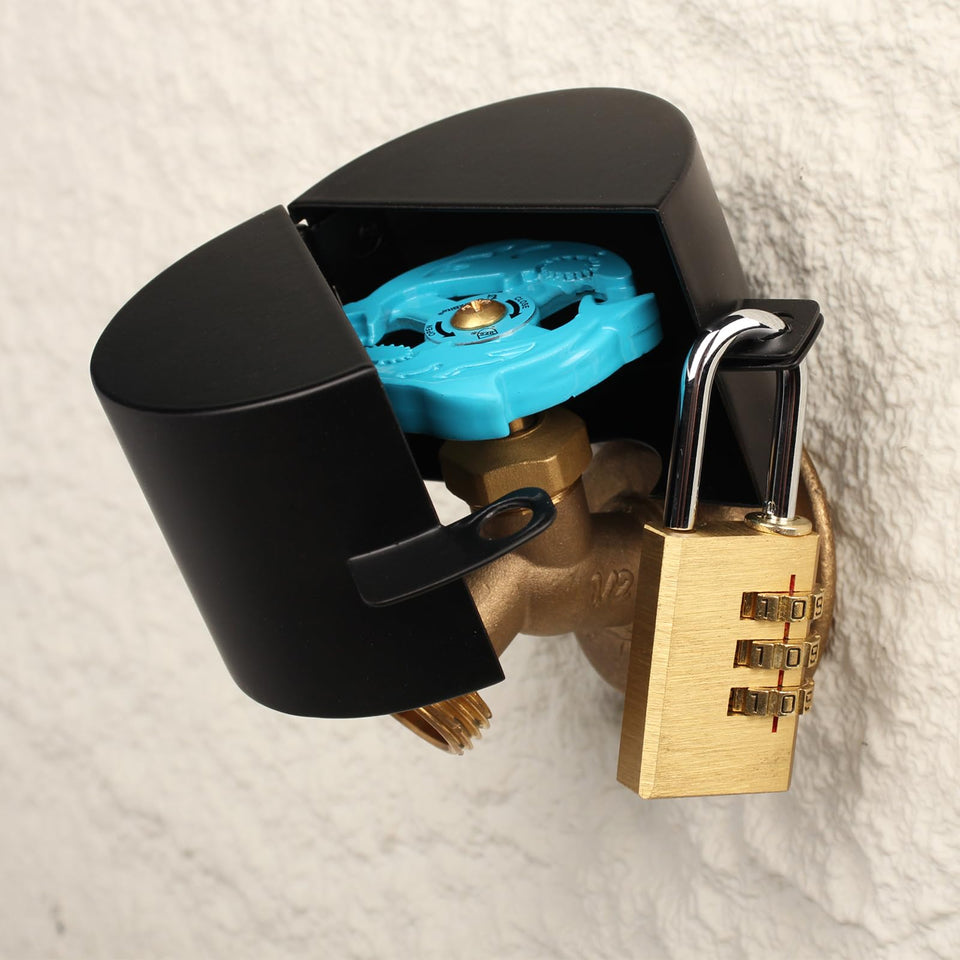 Dakekou outdoor faucet lock with padlock secures a standard garden faucet.