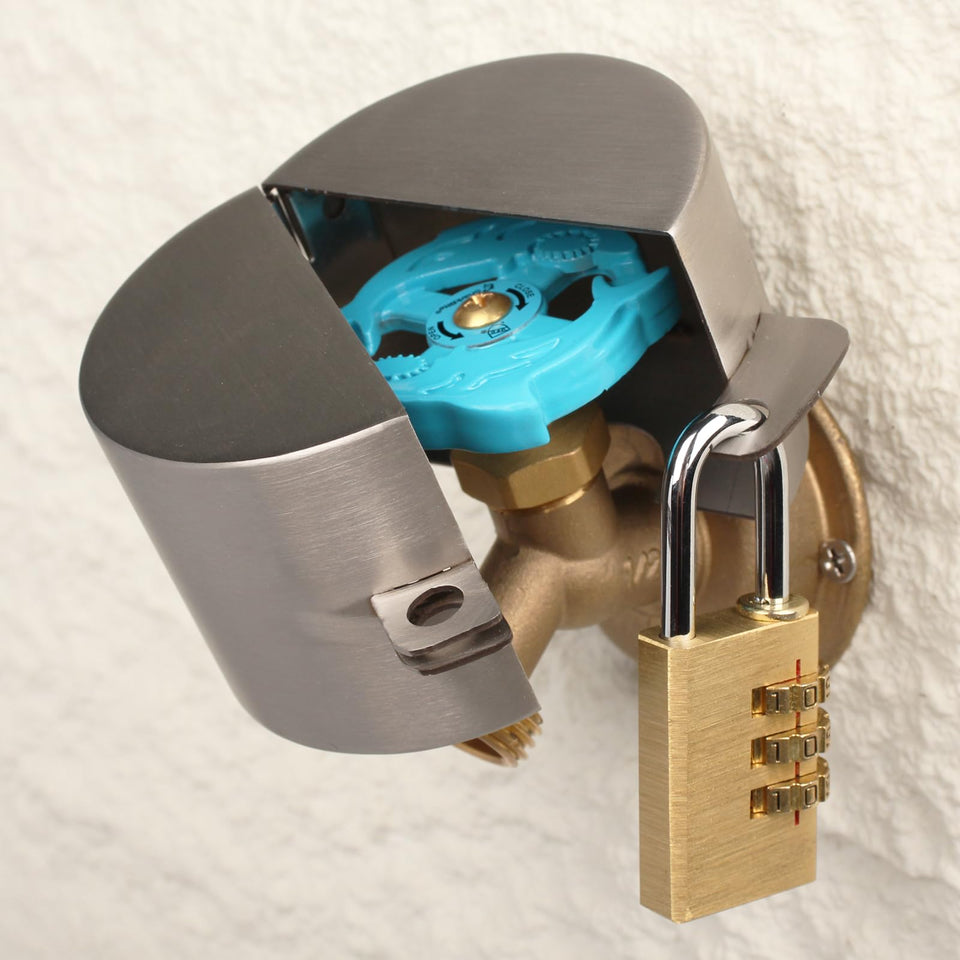 Dakekou faucet lock with padlock included protects outdoor spigots from tampering.