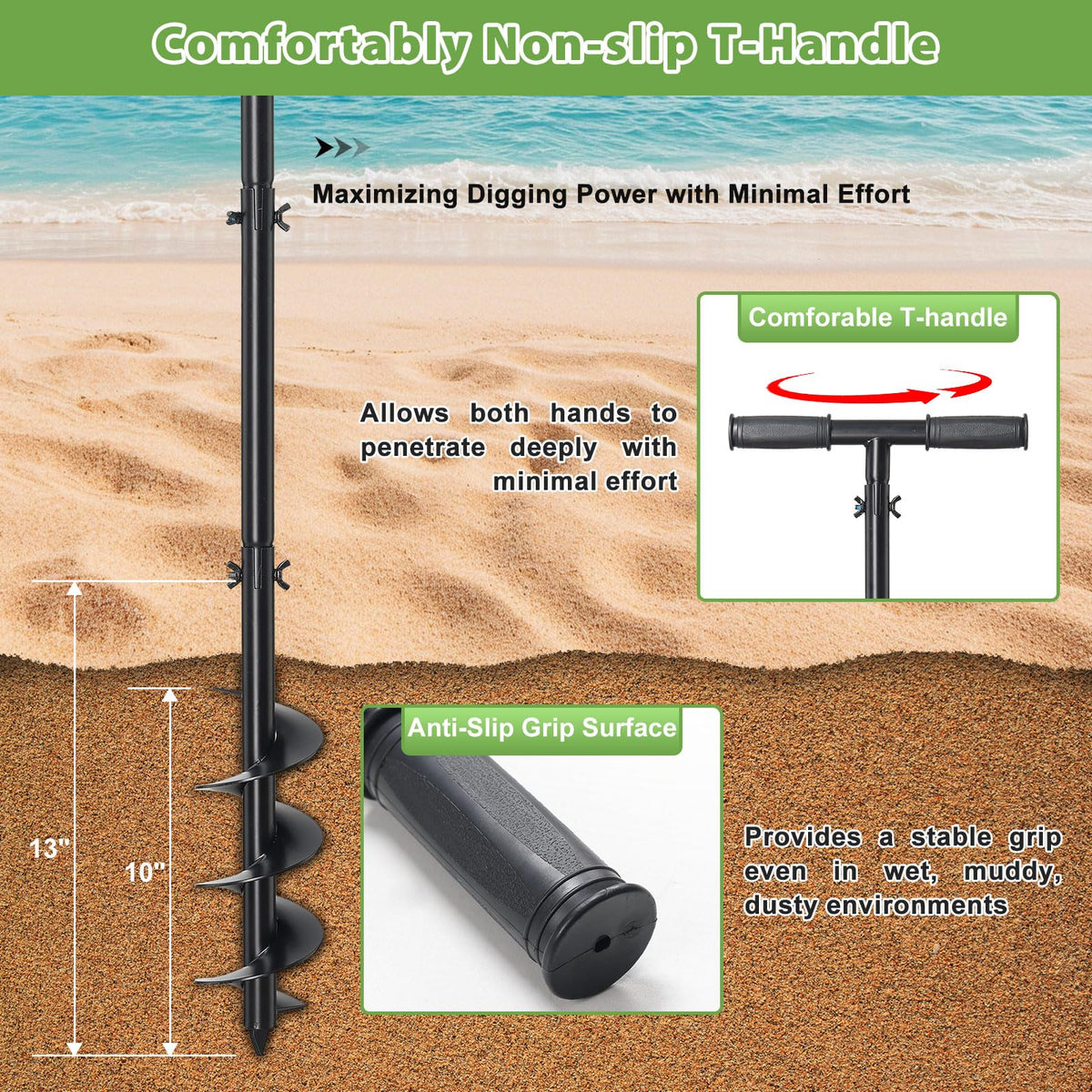 DAKEPOLE comfort grip T-handle provides secure control, even with gloves.