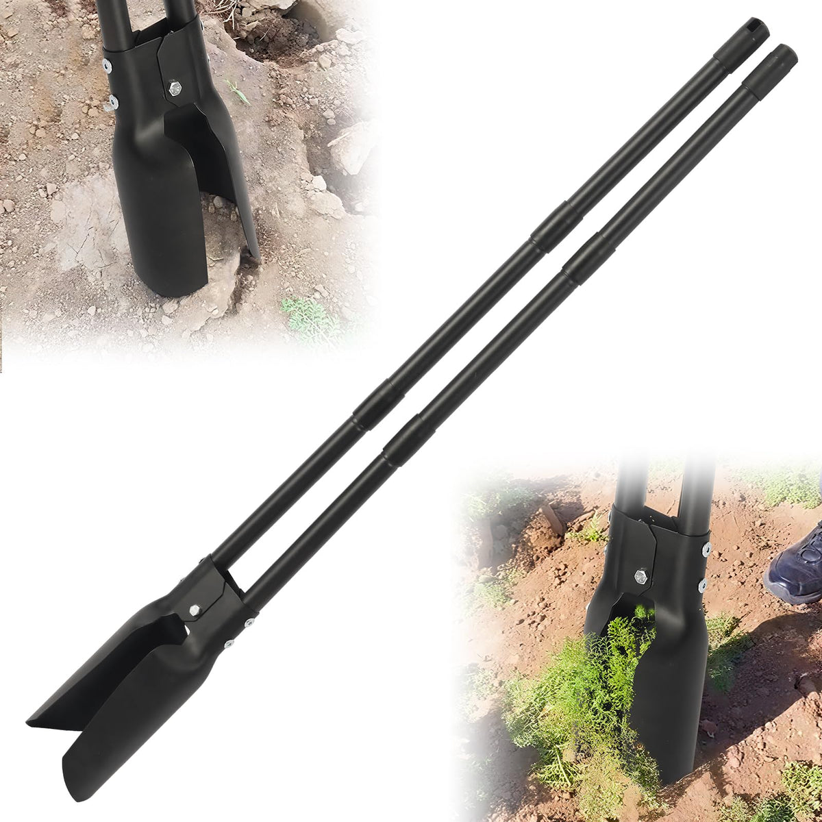 Dakepole post hole digger with 55-inch handle extends reach for deep holes.