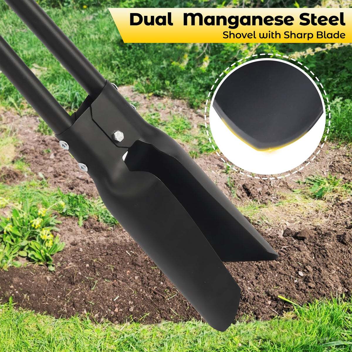 Dakepole post hole digger with dual sharp blades cuts through roots and soil.