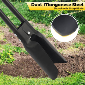 Dakepole post hole digger with dual sharp blades cuts through roots and soil.