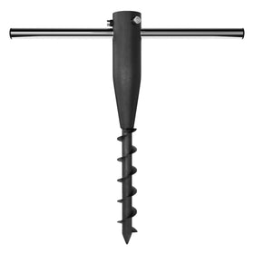 DAKEPOLE umbrella sand anchor on the beach securing shade against gusty winds.