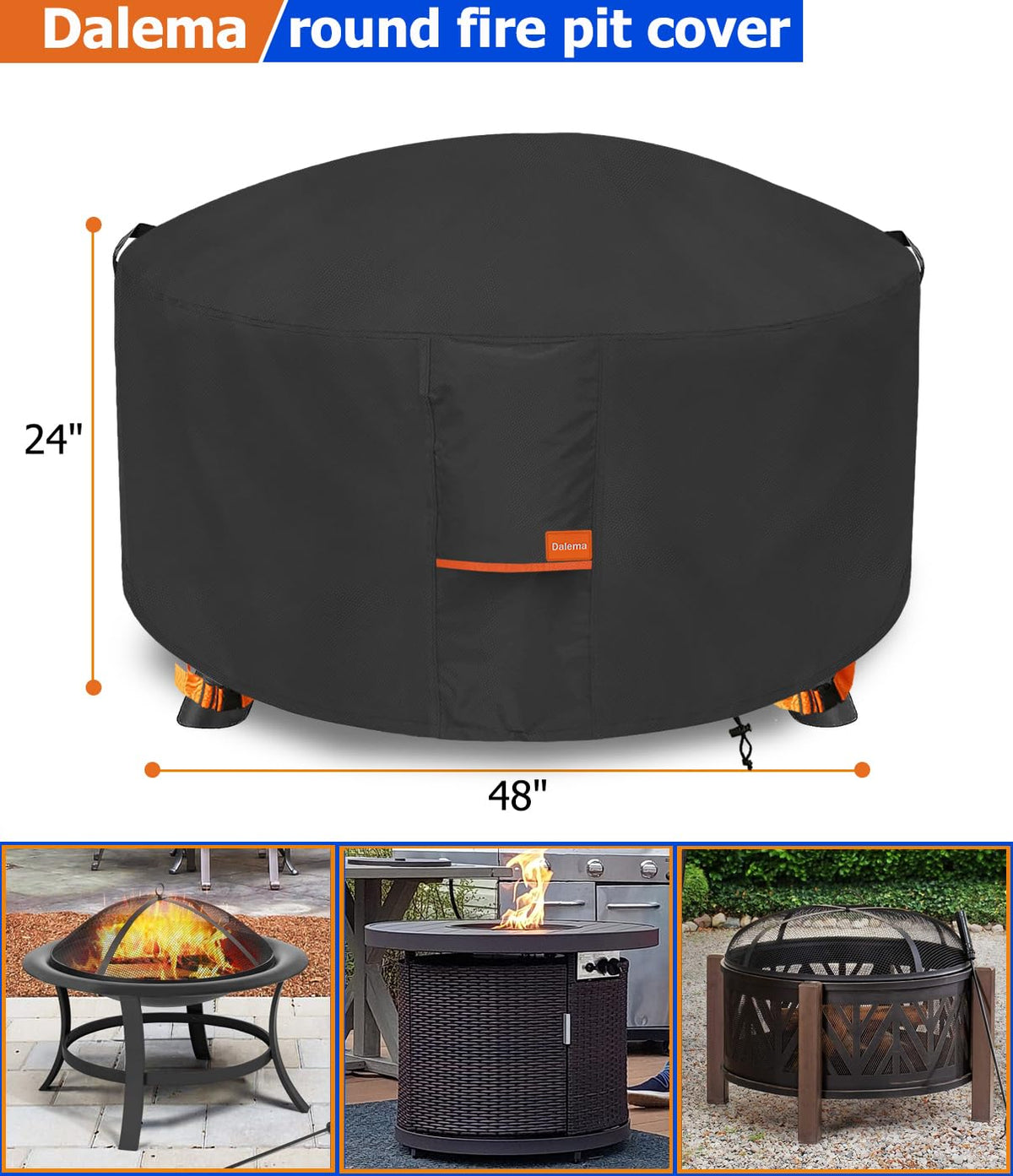 Dalema fire pit cover waterproof 600D Oxford material keeps moisture out.