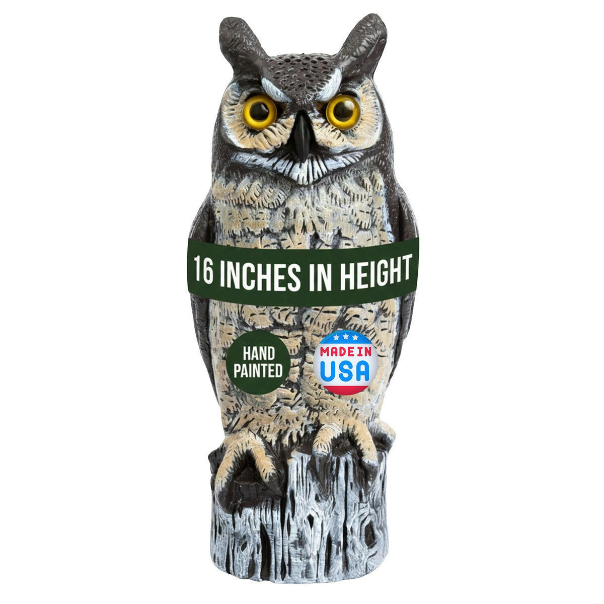 Dalen owl decoy 16-inch hand-painted, ideal for humane garden pest deterrence.