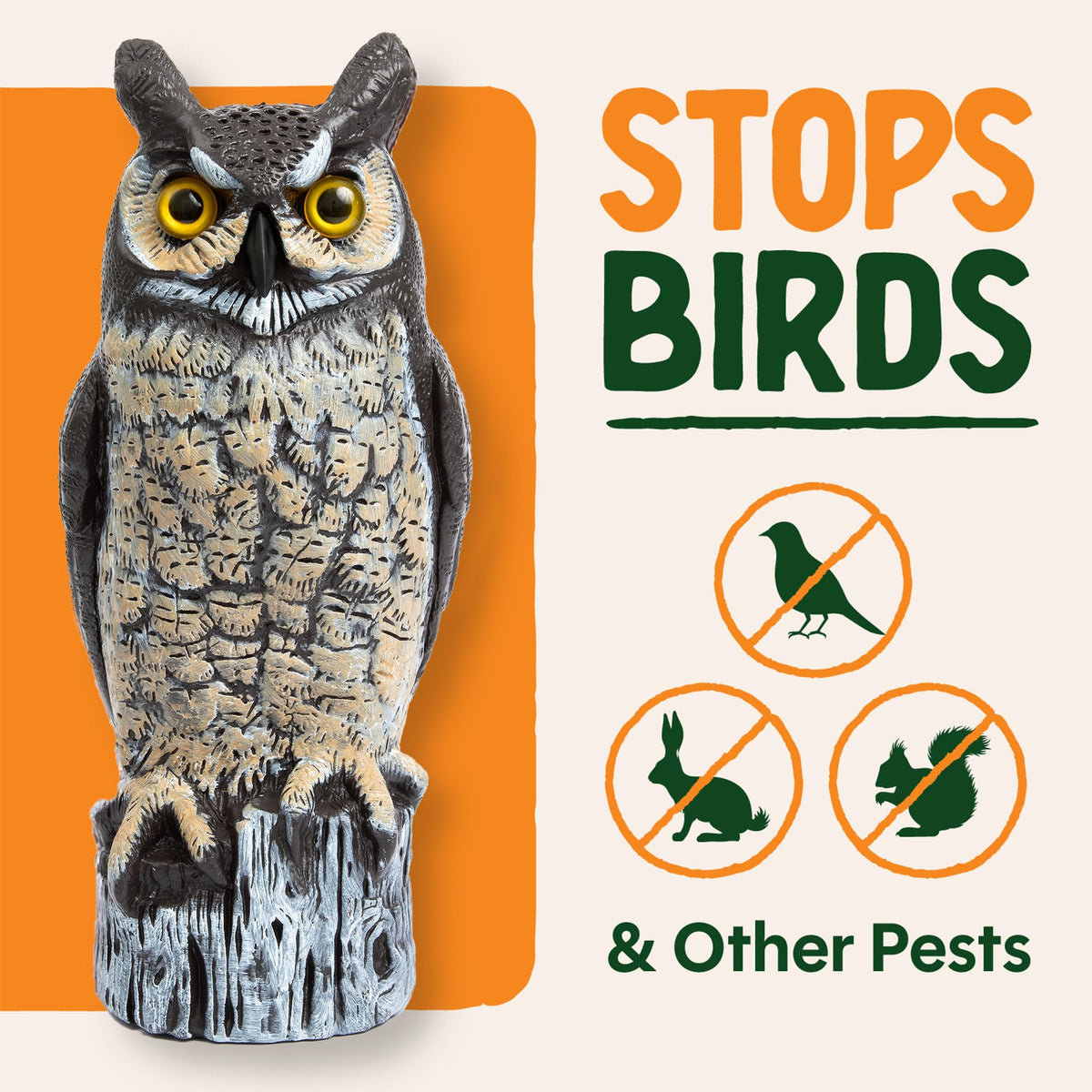 Dalen owl decoy detailed texture closeup, realistic look helps scare birds safely.
