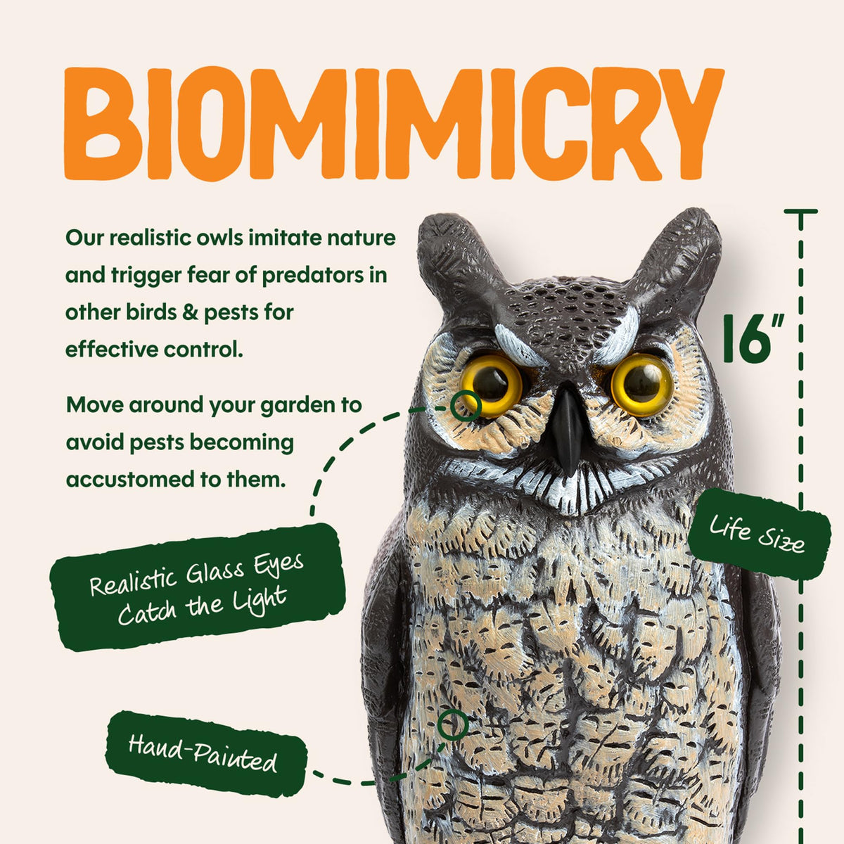 Dalen owl garden decoy in place demonstrates effective pest deterrence and visual appeal.