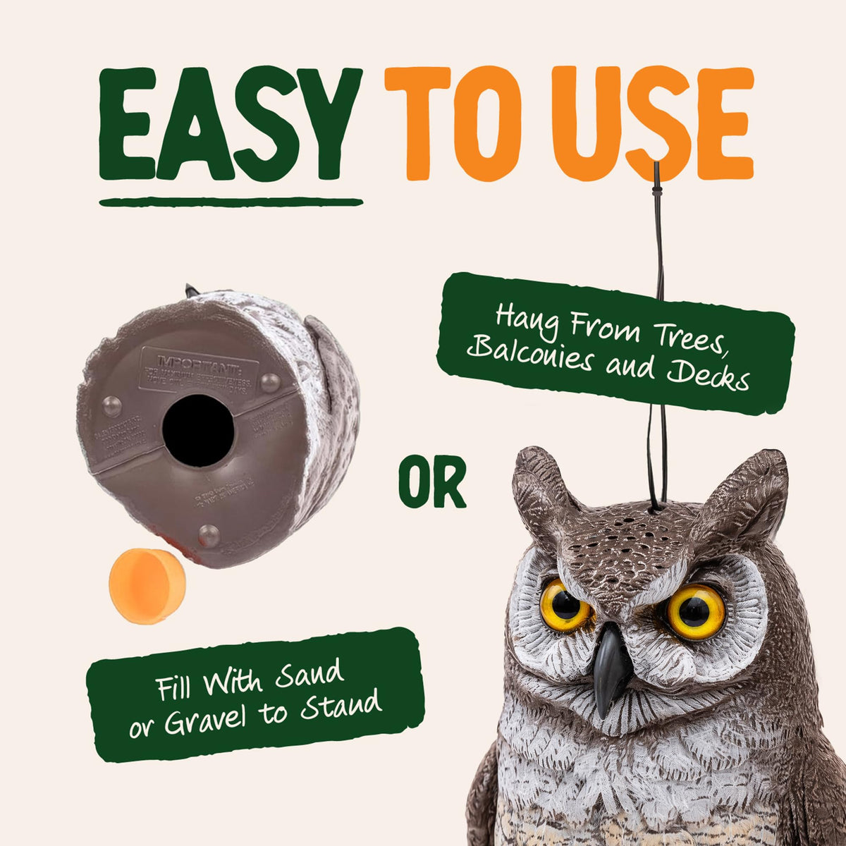 Dalen owl perched on log highlights lifelike realism and outdoor decor value.