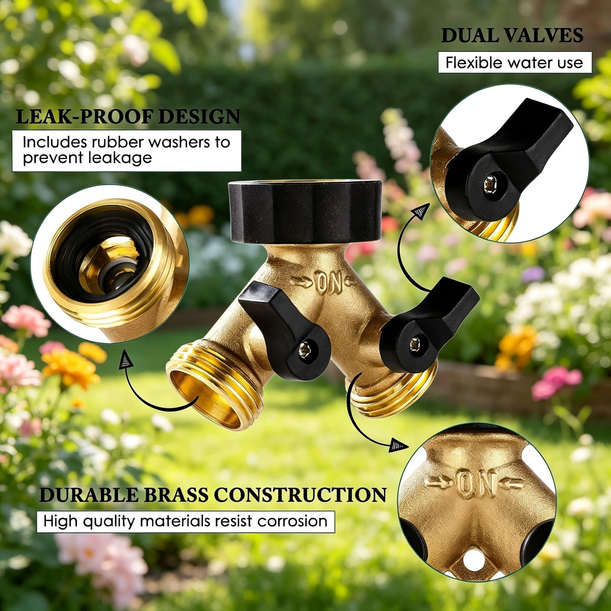 Dalmbox brass hose adapter highlighting durable construction for outdoor use.