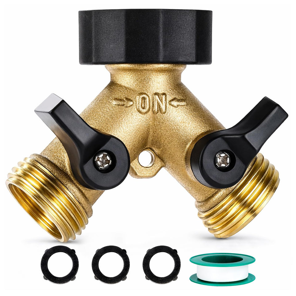 Dalmbox garden hose splitter 2-way with dual outlets for flexible watering.