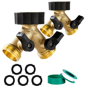 Dalmbox garden hose splitter 2-way in use, enabling simultaneous watering.