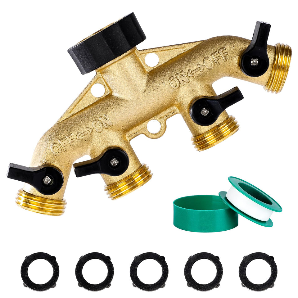 Dalmbox garden hose splitter four-way front view for versatile watering.
