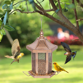 DALOHOMI hexagon feeder patio scene highlights sturdy all-metal construction