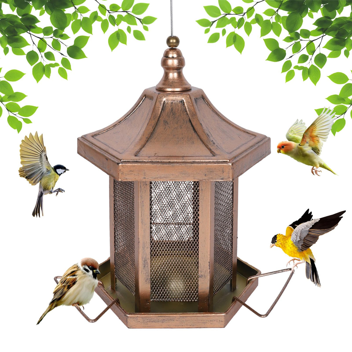 DALOHOMI metal hexagon bird feeder outdoors with protective roof keeps seed dry