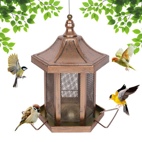 DALOHOMI metal hexagon bird feeder outdoors with protective roof keeps seed dry