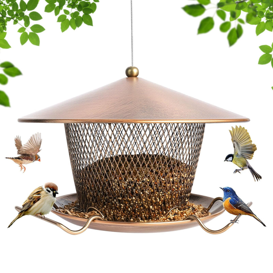 DALOHOMI metal bird feeder with a large roof shelter protects feeding birds from rain.