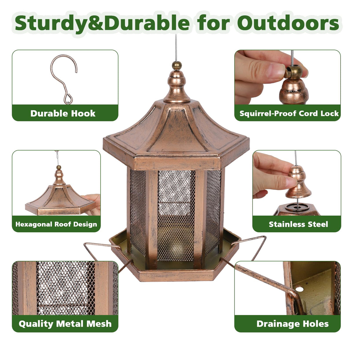 DALOHOMI squirrel-proof feeder shows 3lb capacity for mixed seeds