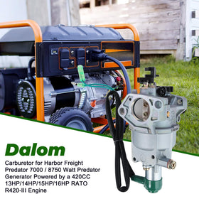 Dalom 8750 carburetor installation view highlights fit with Harbor Freight Predator.