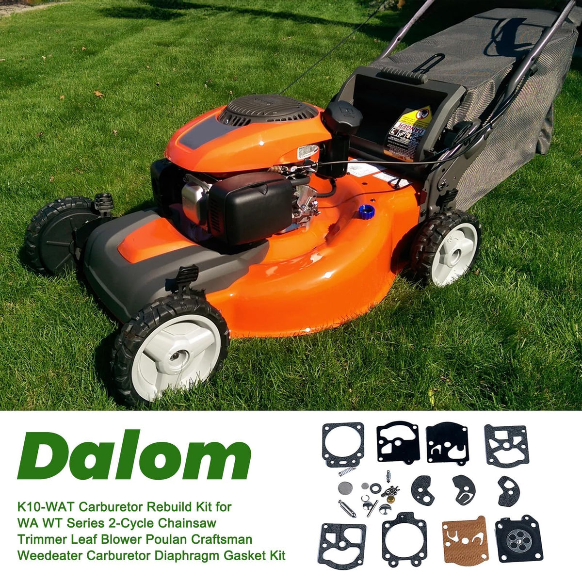 Dalom K10-WAT kit contents spread for WA/WT carburetors and gaskets.