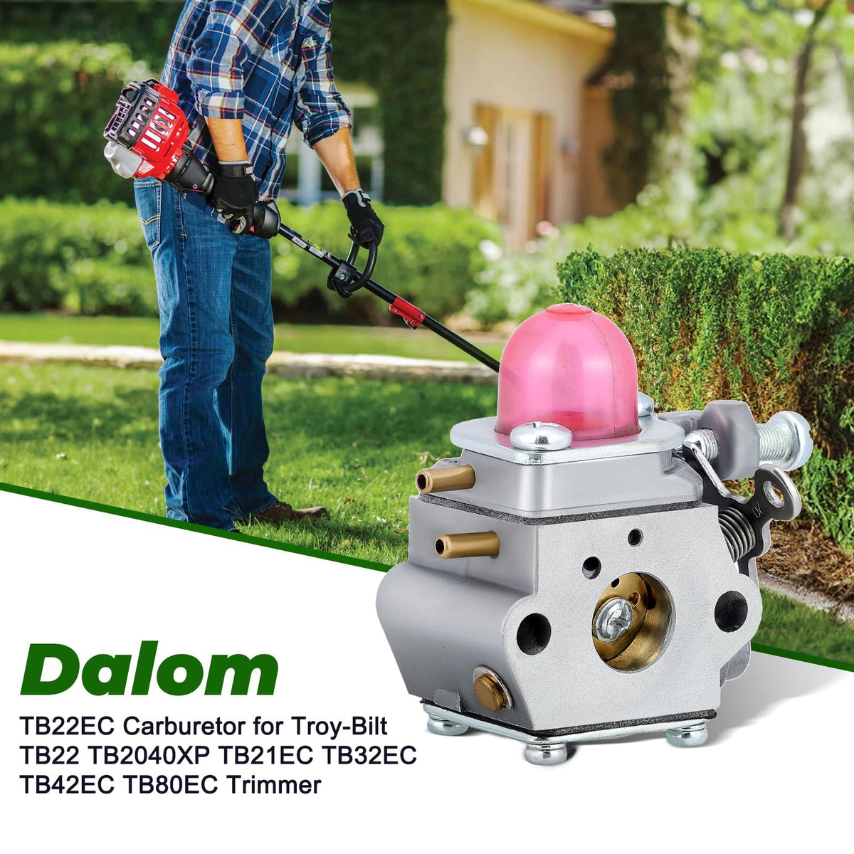 Dalom TB22EC carburetor body detail highlights durable construction for reliable trimmer performance