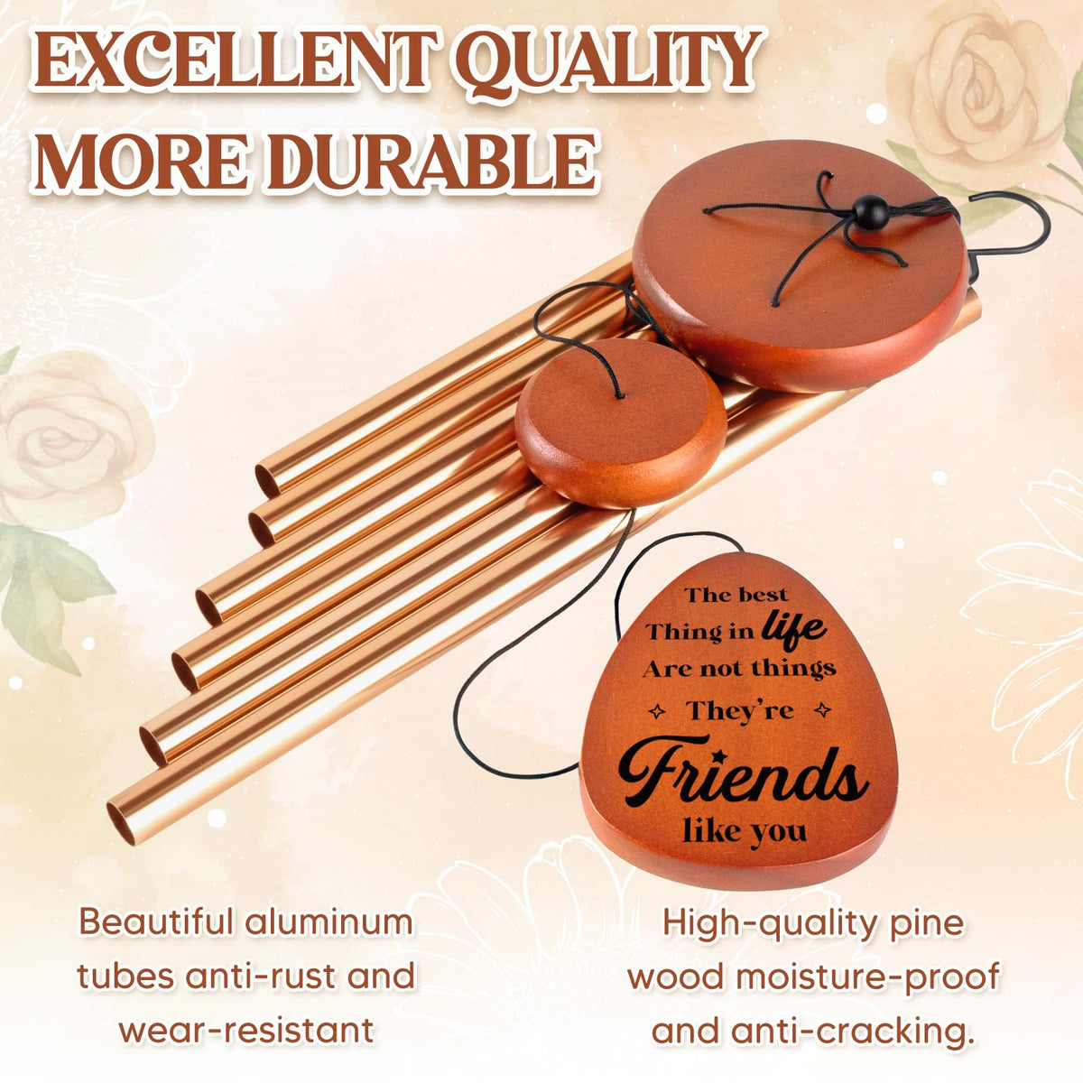 Damaigiift bestie wind chime showing wooden striker detail and warmth.