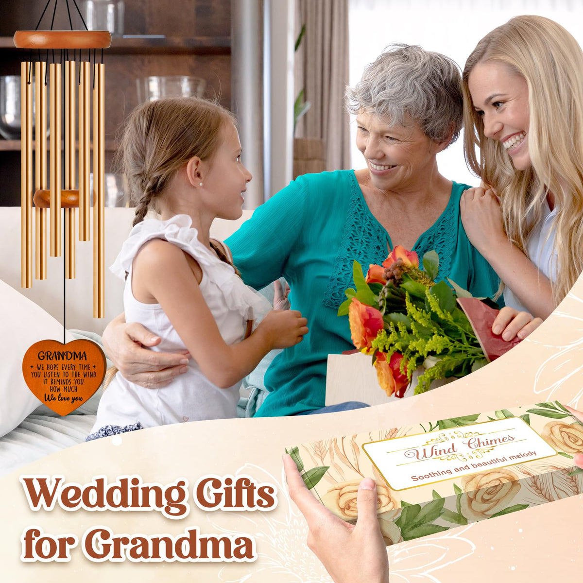 Damaigiift engraved blessings tag on wind chime, a touching message for grandma.