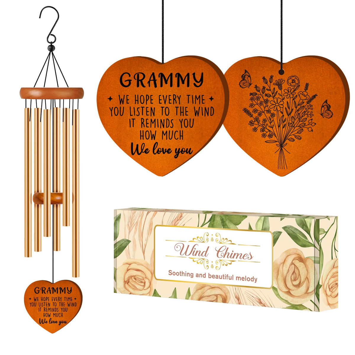 Damaigiift Grammy wind chime in warm pine wood for grandma