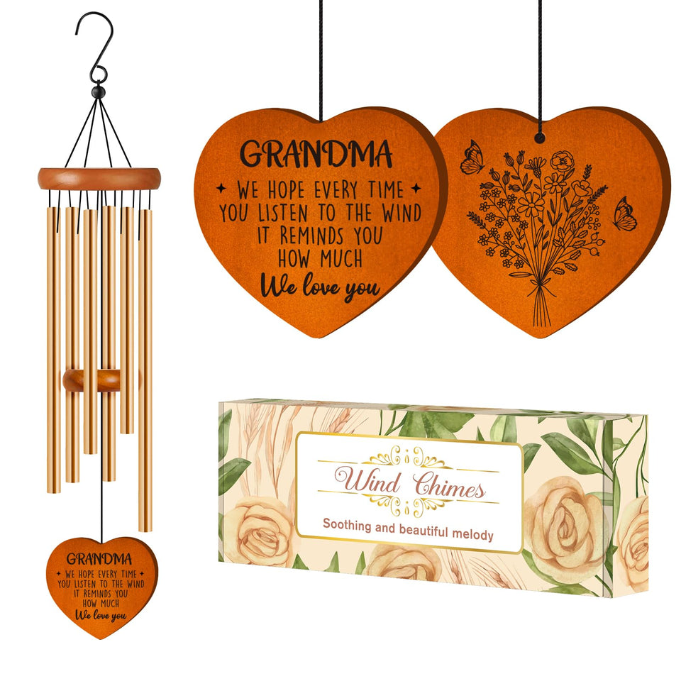 Damaigiift grandma wind chime with heart pendant, a sentimental porch or garden decor piece.