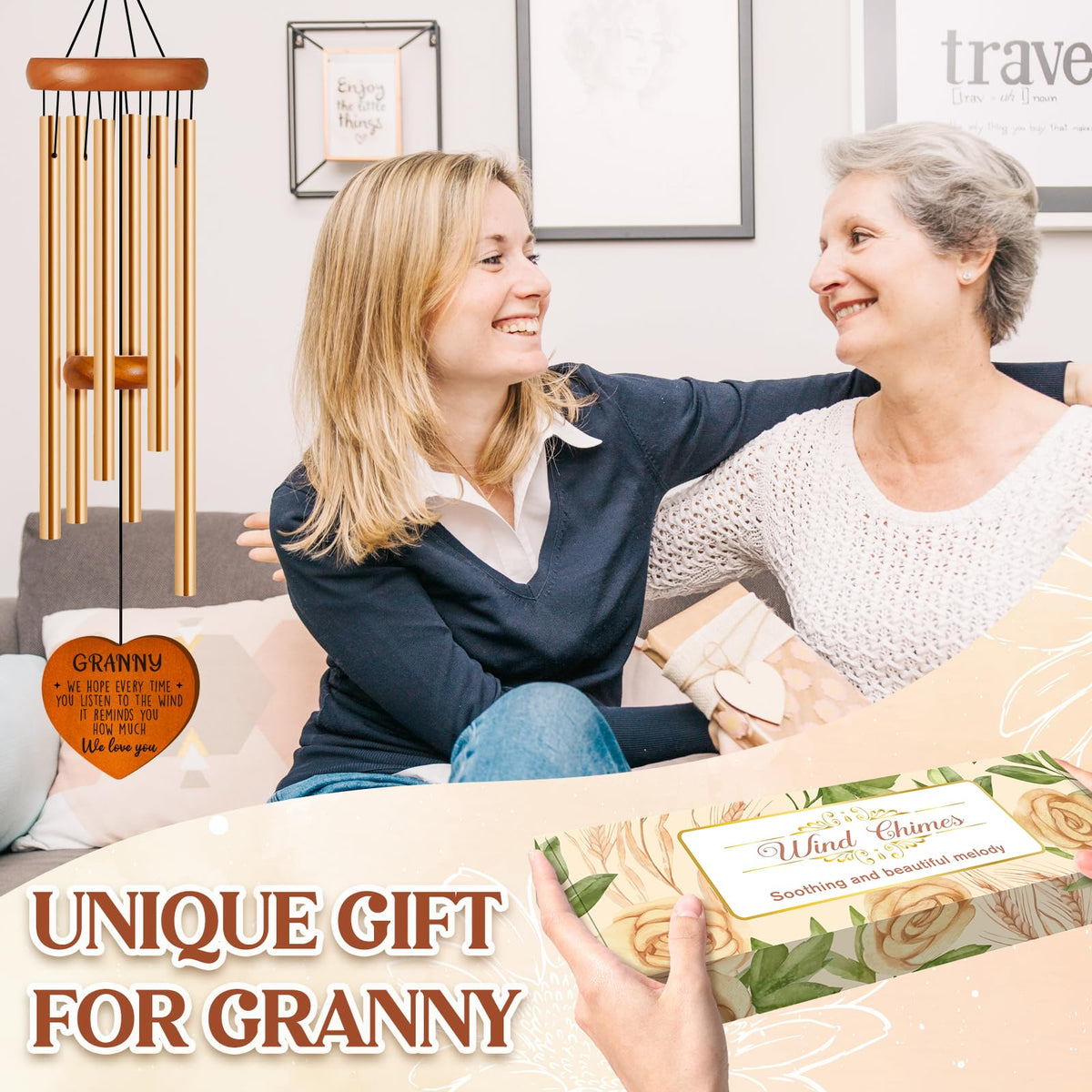 Damaigiift wind chime engraving with blessing expresses warmth for Granny.