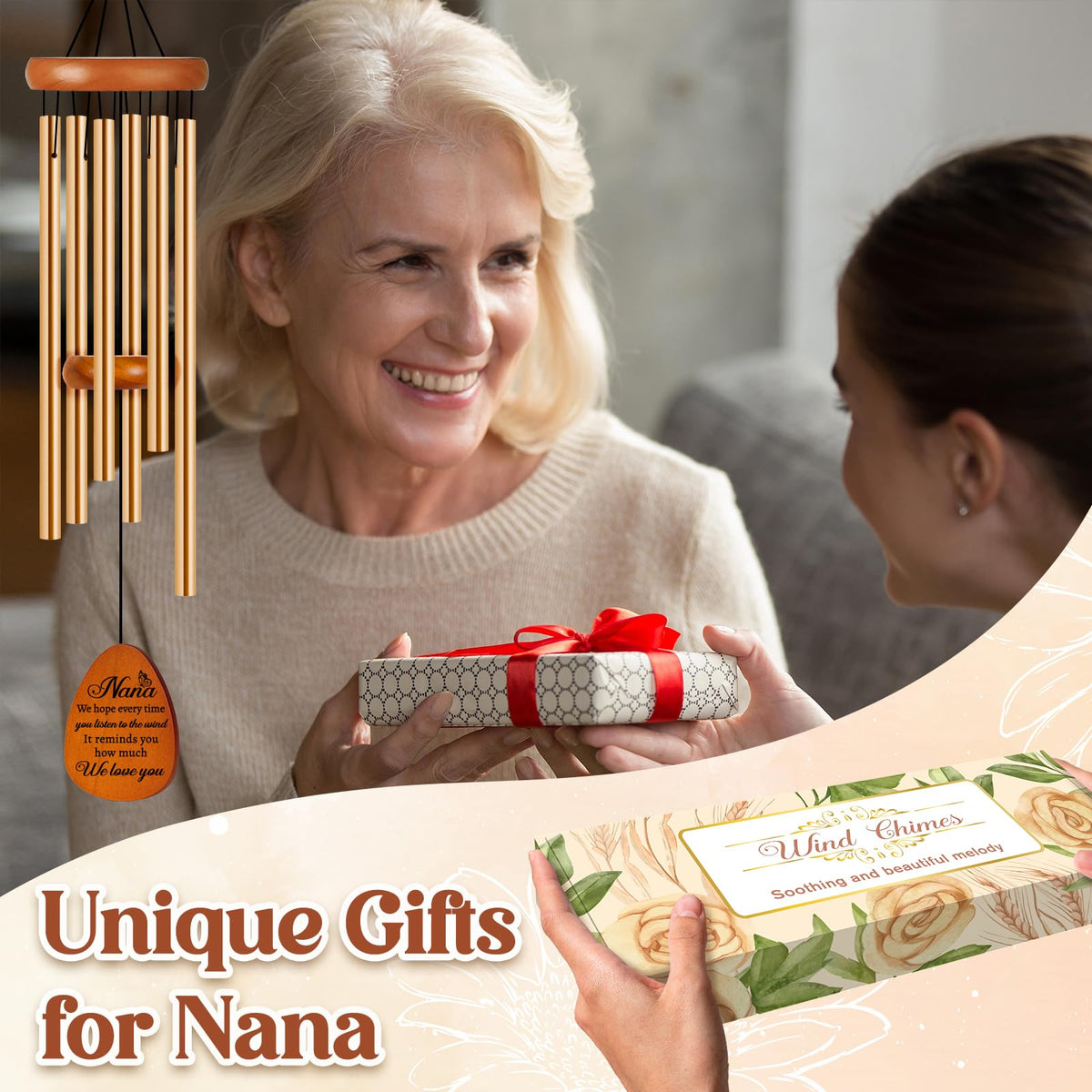 Damaigiift Nana wind chimes close-up of engraved pendant for heartfelt gifting.