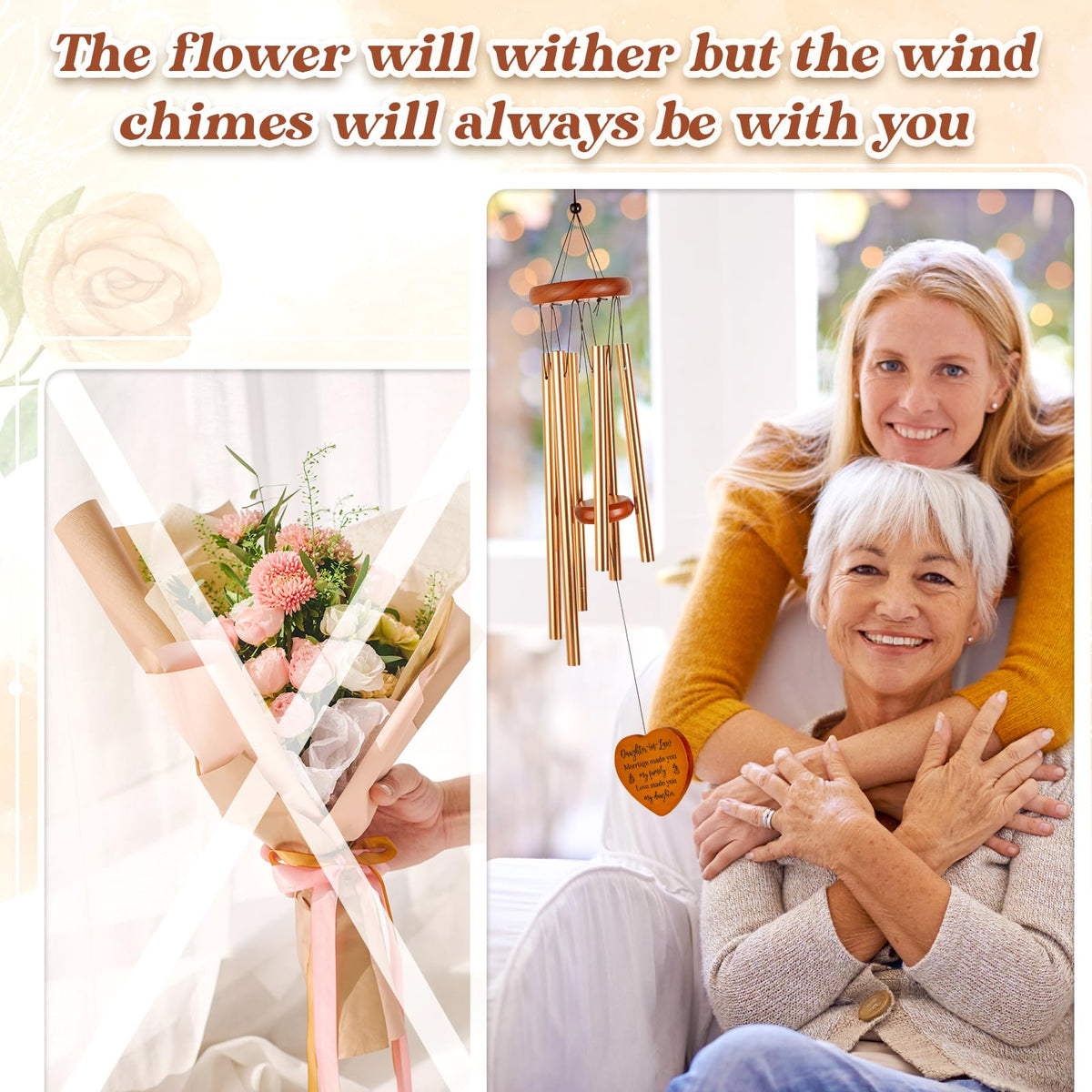 Damaigiift six-tube wind chime produces soothing tones for relaxation.