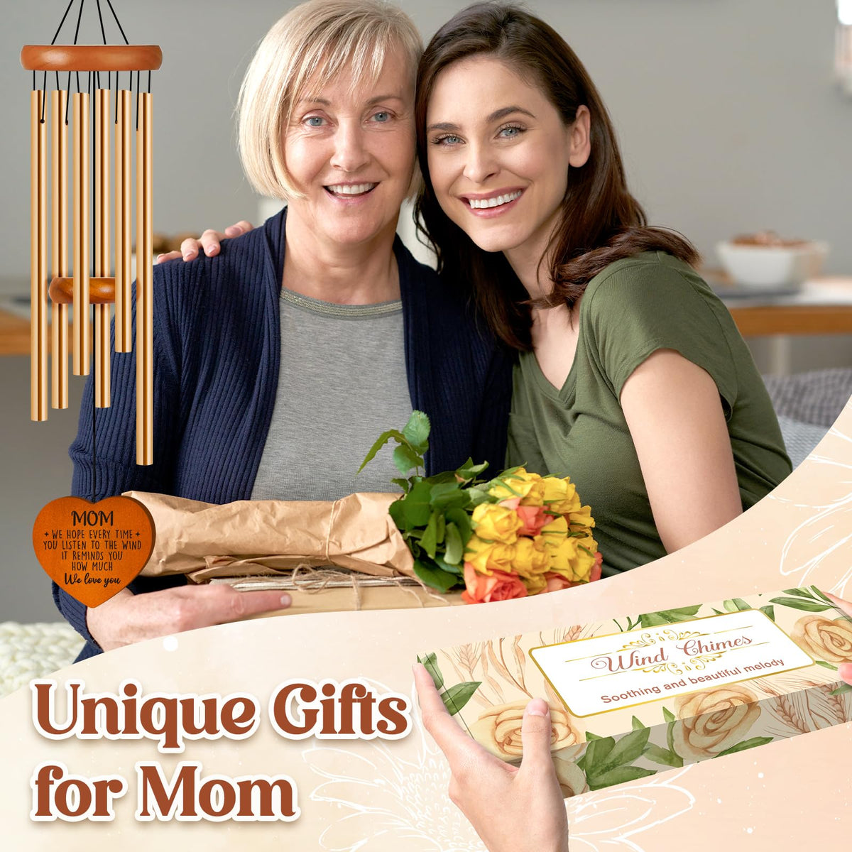 Damaigiift wind chime with floral butterfly tag for Mother's Day charm.