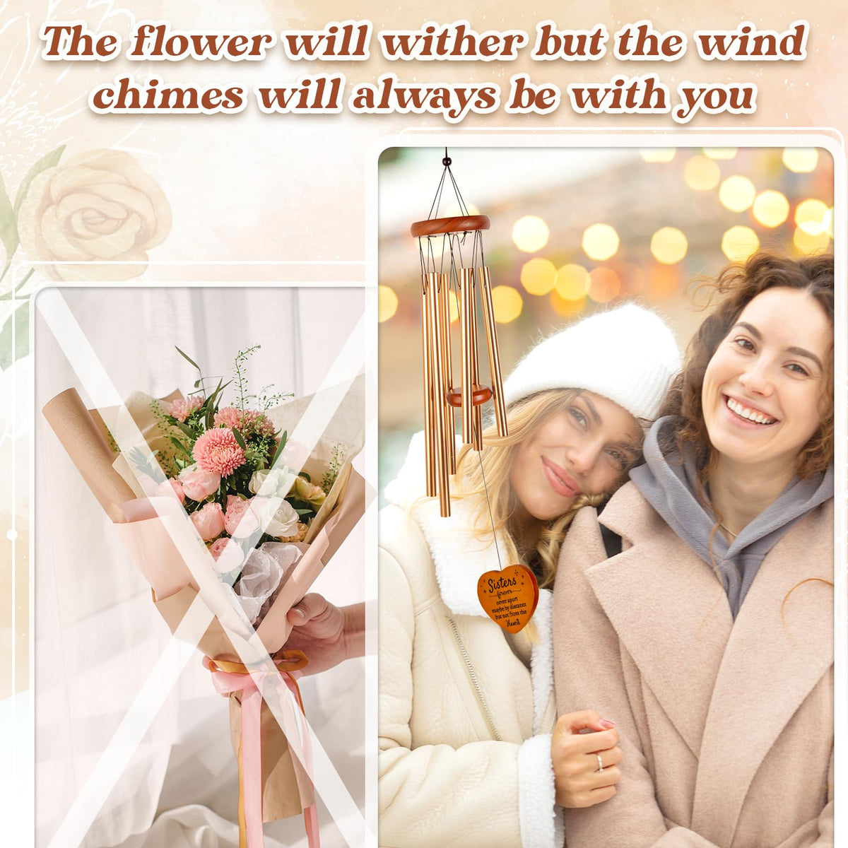 Damaigiift wind chime floral details add delicate charm to any porch.