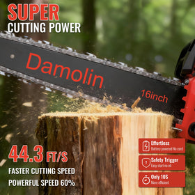 Damolin cordless chainsaw using Milwaukee M18 battery for portable cutting.