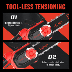 Damolin tool-free chain tensioner allows quick safe adjustments during work.