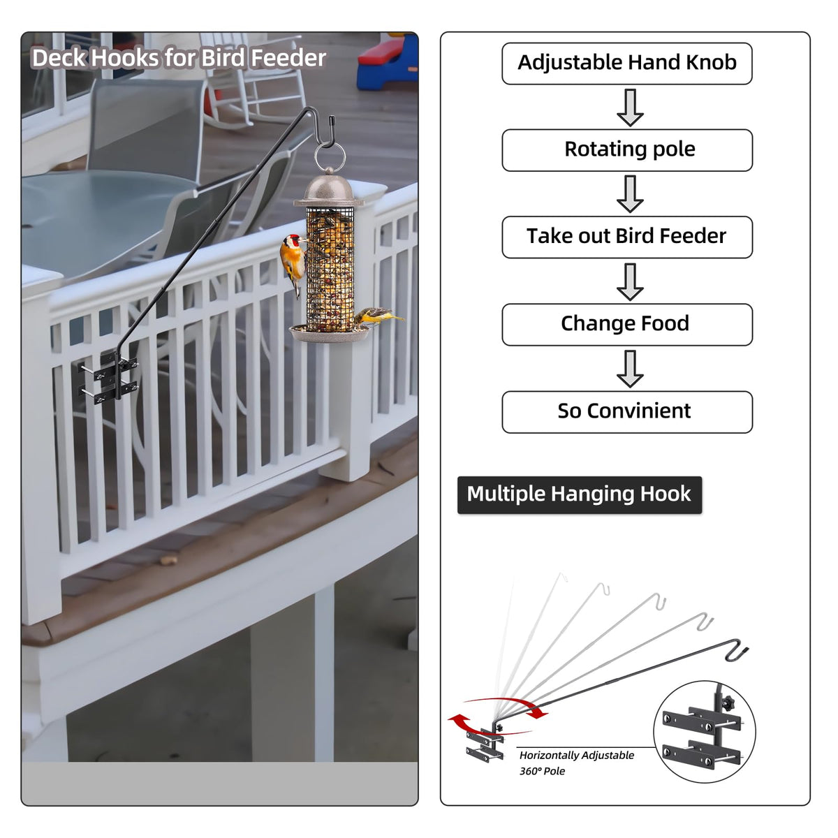 Damukoo bird feeder hanger supported by robust railing bracket.