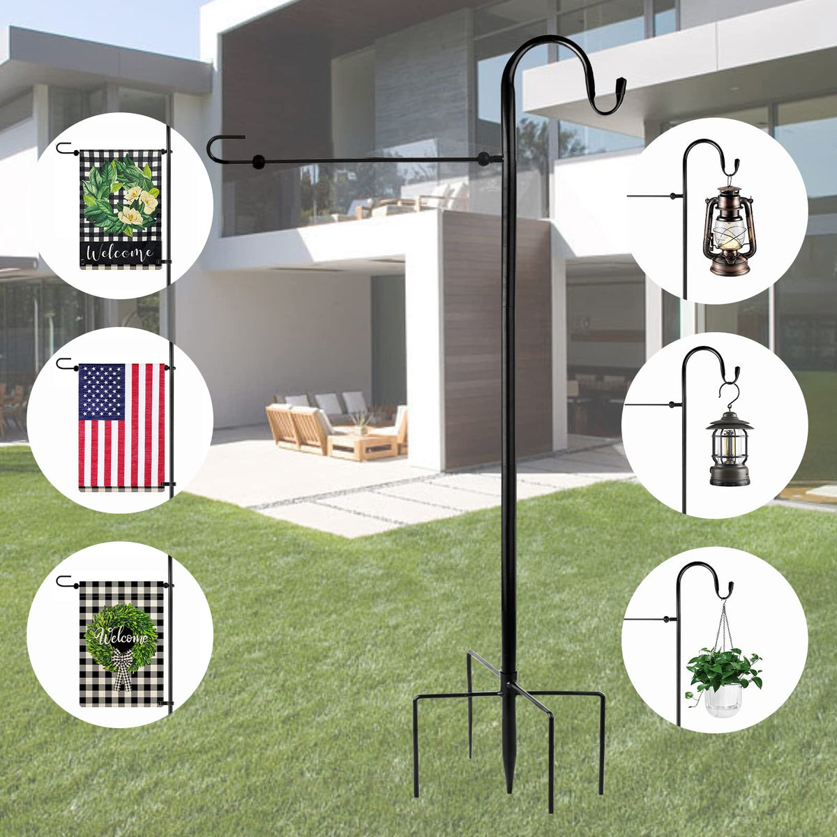 Damukoo shepherd hooks with five-prong base provide stable ground installation.