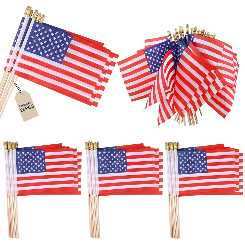 DanCoom 25-pack small American flags on sticks for outdoor lawn displays.