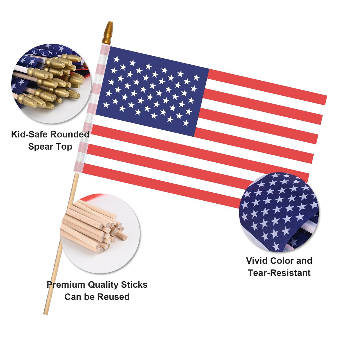DanCoom patriotic flags on wooden poles ready for parades and indoor decor.