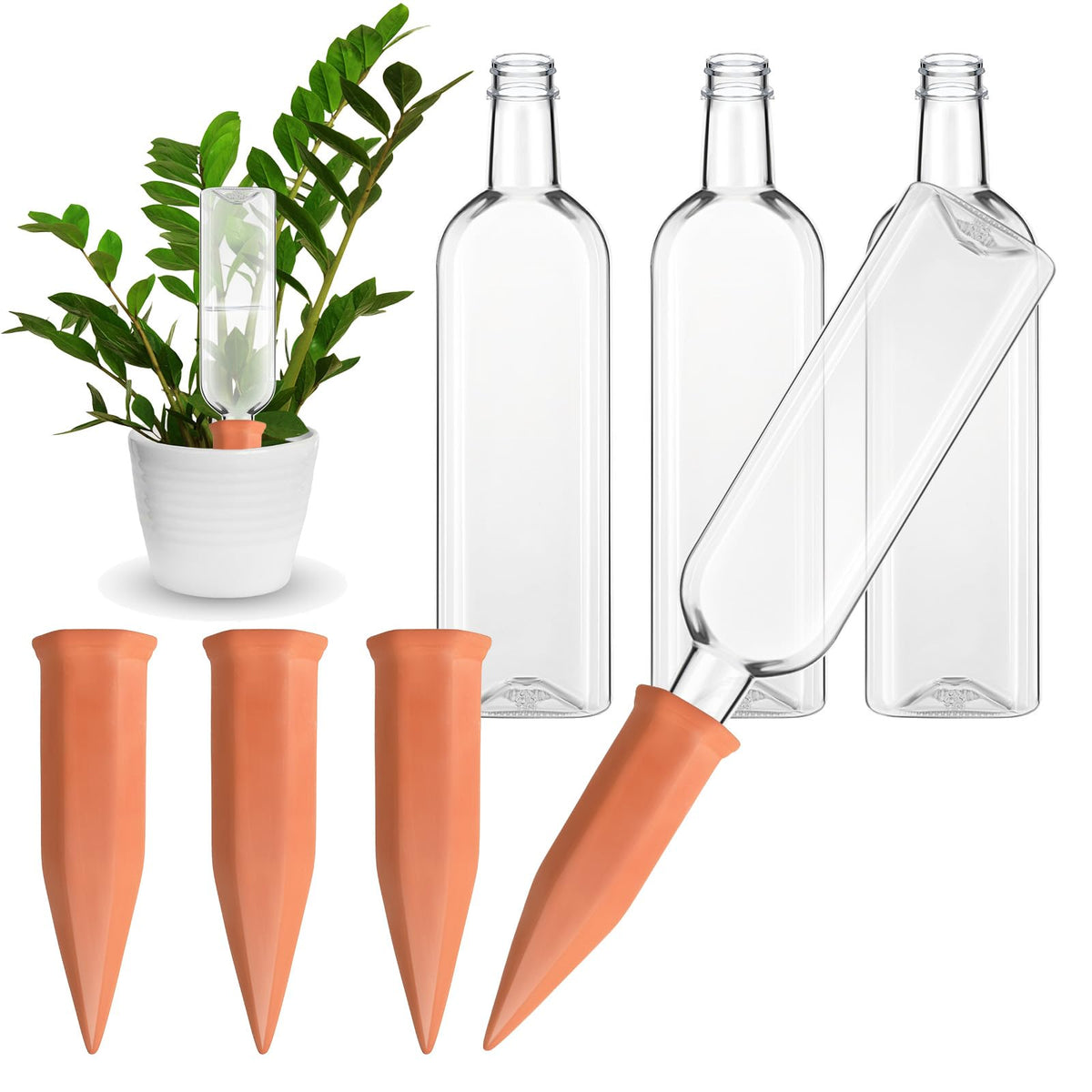 Dandat terracotta self-watering spikes keep soil evenly moist for potted plants.