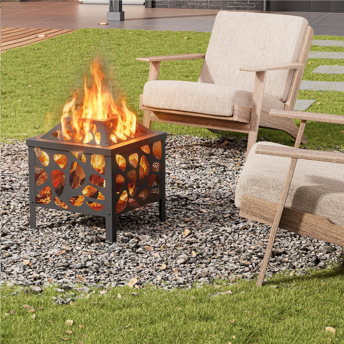 Danluke outdoor fire pit with anti-spark mesh guard for safe backyard heating.